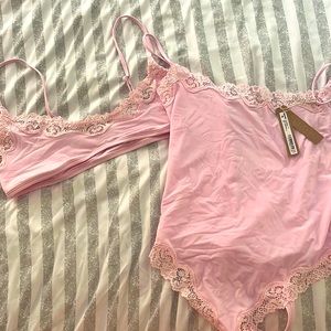 SKIMS Fits Everybody Lace Cami Bodysuit and Bra - Cherry Blossom